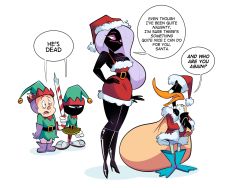 1girl 3boys alien angry bag bare_shoulders bell belt bird black_eyes black_skin boots breasts candy candy_cane colored_skin daffy_duck dark_skin dress duck duck_dodgers duck_dudgers_(character) english_text eyebrows food fur_trim hand_on_own_hip hat herny high_heel_boots high_heels jingle_bell light_purple_hair long_hair looney_tunes martian marvin_the_martian matching_hair/eyes medium_breasts multiple_boys navel open_mouth pig porky_pig purple_eyes purple_hair queen queen_tyr&#039;ahnee santa_costume santa_hat shoes short_dress simple_background speech_bubble standing text_focus white_background
