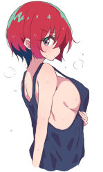 Rule 34 | 1girl, amate yuzuriha, aqua eyes, blue tank top, breasts, closed mouth, commentary request, gundam, gundam gquuuuuux, highres, large breasts, looking at viewer, mel (melty pot), red hair, short hair, simple background, solo, sweat, tank top, upper body, wet, wet hair, white background