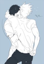 Rule 34 | 2boys, back, flying sweatdrops, hand under clothes, hatake kakashi, highres, male focus, monochrome, multiple boys, naruto (series), naruto shippuuden, pants, scar, scar on face, short hair, short sleeves, uchiha obito, vosovic, yaoi
