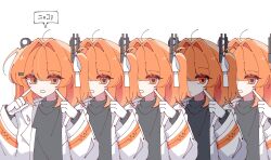 a.i._voice adachi_rei black_shirt clone commentary hands_up highres jacket looking_at_viewer mei_(meiday_mise) open_clothes open_jacket orange_eyes orange_hair shirt speech_bubble symbol-only_commentary upper_body utau white_background white_jacket
