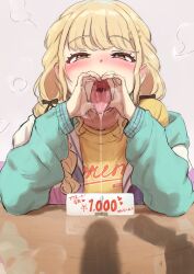 1girl absurdres blonde_hair braid breath drooling fellatio_gesture fujita_kotone gakuen_idolmaster heart heart_hands highres idolmaster jacket long_sleeves looking_at_viewer manzin multicolored_jacket own_hands_together penis_shadow revision shadow shirt solo steam translation_request twin_braids upper_body yellow_eyes yellow_shirt