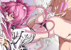 Rule 34 | !, 1boy, 1girl, animal ears, ass, bed sheet, blazblue, blush, bracelet, breasts, cat ears, cleavage, clothed female nude male, cum, doorway, dutch angle, ejaculation, eyelashes, glasses, hair ears, heavy breathing, hetero, indoors, jacket, jewelry, kokonoe (blazblue), long hair, medium breasts, multiple tails, nose blush, nude, on bed, open clothes, open jacket, open mouth, pince-nez, pink hair, ponytail, sex, sex from behind, sheet grab, sidelocks, t-back, tail, thighs, tongue, tongue out, top-down bottom-up, two tails, vermillion dice, wavy mouth, wheelbarrow pose, white jacket, yellow eyes