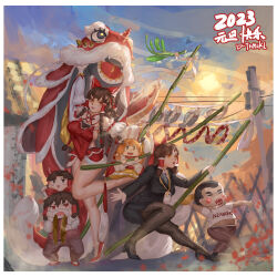 1boy 2023 5girls :3 absurdres animal_costume bamboo bamboo_spear benikurage_(cookie) black_footwear black_jacket black_skirt blue_sky border bow breast_curtain breasts brown_eyes brown_hair brown_horns closed_eyes cloud commentary_request cookie_(touhou) cymbals d_tomoki dragon_costume dragon_dance frilled_bow frilled_hair_tubes frills full_body grey_pantyhose grin hair_bow hair_tubes hakurei_reimu hand_fan high_heels highres holding holding_fan horns ibuki_suika id_card instrument jacket kanna_(cookie) lanyard large_breasts lips long_sleeves looking_afar looking_at_viewer manatsu_no_yo_no_inmu mask mouth_mask multiple_girls office_lady open_mouth orange_hair outdoors pantyhose power_lines red_bow red_eyes reu_(cookie) sananana_(cookie) shirt sidelocks sitting skirt sky smile squatting standing standing_on_one_leg touhou utility_pole white_border white_shirt yajuu_senpai yamin_(cookie)