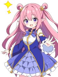 1girl :d blue_bow blue_bowtie blue_dress blue_sleeves blush bow bowtie commentary_request cowboy_shot detached_sleeves dot_nose dress elf frilled_dress frilled_sleeves frills hair_ornament hair_rings hatsune_(princess_connect!) highres kotatsu-mazoku long_hair long_sleeves looking_at_viewer open_mouth outstretched_arm pink_hair pointy_ears princess_connect! purple_eyes simple_background sleeveless sleeveless_dress smile solo sparkle star_(symbol) star_hair_ornament two_side_up white_background
