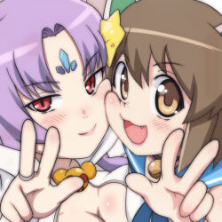 2girls :3 animal_ears bell blue_neckerchief blush bodysuit breasts brown_eyes brown_hair cat_ears cat_girl cheek_press chuu-tan cleavage collar etotama fang forehead_jewel hair_ornament jewelry jingle_bell large_breasts long_hair looking_at_viewer mouse_ears mouse_girl multiple_girls neck_bell neckerchief nyaa-tan open_mouth purple_hair red_eyes ring school_uniform shirt short_hair sleeveless sleeveless_shirt smile star_(symbol) star_hair_ornament t_jiroo_(ringofriend) upper_body v white_background white_bodysuit white_shirt