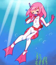 1girl belt bodysuit bubble diving_mask diving_suit drantyno female_focus flat_chest flippers full_body gloves goggles kelp light_rays loli looking_at_viewer oxygen_mask oxygen_tank pink_eyes pink_footwear pink_gloves pink_hair red_belt short_hair snorkel sunbeam sunlight swimming underwater water waving wetsuit white_bodysuit