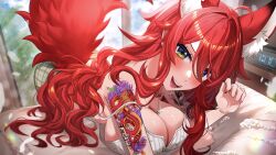 1girl absurdres animal_ear_fluff animal_ears arm_tattoo black_nails blush breasts butterfly_necklace cleavage clock digital_clock dragon_tattoo elly_(vtuber) elly_(vtuber)_(pajamas) falling_feathers feathers fushi_yohaku green_eyes heart heart_print highres indie_virtual_youtuber jewelry large_breasts long_hair necklace open_mouth pajamas pillow red_hair red_tail smile solo strap_gap strap_slip tail tattoo virtual_youtuber white_feathers wrist_tattoo