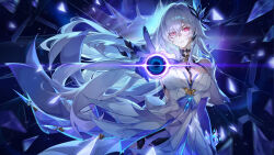 1girl bare_shoulders black_hole breasts broken_glass cleavage closed_mouth commentary cowboy_shot dress genshin_impact glass glass_shards glint grey_hair hair_between_eyes hair_ornament highres large_breasts long_hair looking_at_viewer mihan_(mihan_art) prosthesis red_eyes skirk_(genshin_impact) solo very_long_hair white_dress