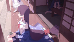 3girls blue_archive blue_haori cat_girl cat_tail cup eyeshadow fang halo haori highres holding holding_cup japanese_clothes kikyou_(blue_archive) long_hair low-tied_long_hair makeup mikan_battery multiple_girls multiple_tails nagusa_(blue_archive) nail_polish neckerchief petals purple_hair purple_halo red_eyeshadow red_neckerchief sailor_collar sitting skin_fang tail tea teacup two_tails wariza white_sailor_collar yukari_(blue_archive)