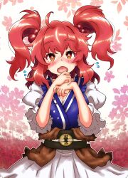 1girl absurdres ahoge blush bright_pupils carbohydrate_(asta4282) coin commentary_request fang flower flying_sweatdrops hair_bobbles hair_ornament highres looking_at_viewer messy_hair obi onozuka_komachi open_mouth red_eyes red_hair sash short_sleeves skin_fang solo touhou two_side_up white_pupils