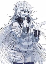 1girl abyssal_ship black-framed_eyewear colored_skin commentary_request cup fang glasses grey_hair grey_shorts grey_skin hair_between_eyes headphones headphones_around_neck highres holding holding_cup jacket kantai_collection long_hair long_sleeves looking_at_viewer mug nail_polish narukan off_shoulder one_eye_closed open_mouth shorts simple_background solo striped_clothes striped_jacket supply_depot_princess twitter_username very_long_hair white_background yawning zipper_pull_tab