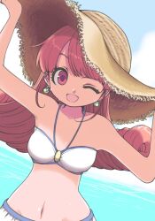 1girl ;d adjusting_clothes adjusting_headwear alena_(dq4) arms_up blunt_bangs breasts commentary_request curly_hair daydream1201 dragon_quest dragon_quest_iv dragon_quest_rivals earrings gem green_gemstone hat jewelry long_hair looking_at_viewer medium_breasts midriff navel official_alternate_costume one_eye_closed open_mouth orange_hair red_eyes smile solo sphere_earrings straw_hat sun_hat swimsuit upper_body water
