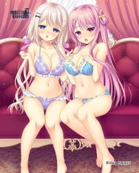 2girls :o absurdres ambitious_mission arise_atena arise_kaguya bare_arms bare_legs bare_shoulders barefoot black_bow blue_bra blue_panties blush bow bow_panties bra breast_suppress breasts cleavage collarbone company_name copyright_name couch covered_erect_nipples curtains embarrassed fingernails floral_print floral_print_bra frilled_bra frilled_panties frills full_body gluteal_fold grey_hair hair_between_eyes hair_bow hair_intakes hair_ornament hairclip hands_up highres indoors knees_together_feet_apart large_breasts long_hair looking_at_viewer low_twintails lower_teeth_only moribe_(rabumanyo) multiple_girls navel official_art on_couch open_mouth panties pink_bow pink_hair print_bra purple_bra purple_eyes purple_panties red_eyes rose_print shiny_skin siblings side-by-side sidelocks sisters sitting stomach straight_hair sweatdrop teeth thighs toenails toes twintails underwear underwear_only very_long_hair w_arms white_bow yellow_bow