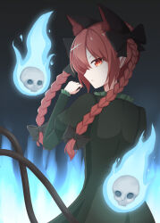 1girl animal_ears black_dress blue_fire braid cat_ears cat_girl cat_tail commentary_request dress extra_ears fire highres hitodama juliet_sleeves kaenbyou_rin long_hair long_sleeves looking_at_viewer multiple_tails puffy_sleeves red_eyes satsuki_koyomi side_braids skull solo tail touhou twin_braids two_tails upper_body