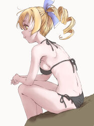 1girl ass bikini black_bikini blonde_hair blue_ribbon breasts butt_crack closed_mouth drill_hair drill_ponytail feet_out_of_frame from_side grey_background hair_ribbon halterneck high_ponytail highres mahou_shoujo_madoka_magica mahou_shoujo_madoka_magica_(anime) marutaya medium_breasts medium_hair own_hands_together ponytail profile ribbon shoulder_blades side-tie_bikini_bottom simple_background sitting solo string_bikini swimsuit thighs tomoe_mami yellow_eyes