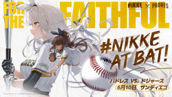 2girls alternate_costume baseball baseball_bat baseball_glove baseball_uniform batting_stance black_nails blanc_(nikke) blanc_(no._77_batter)_(nikke) blunt_bangs brown_hair copyright_name dark_skin from_side gloves goddess_of_victory:_nikke hair_intakes highres holding holding_baseball_bat multiple_girls multiple_views noir_(baseball_cheerleader)_(nikke) noir_(nikke) official_art pitching ponytail san_diego_padres second-party_source sidelocks sportswear standing standing_on_one_leg striped_clothes thighhighs throwing white_hair wristband yellow_eyes