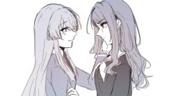 2girls bang_dream! bang_dream!_it&#039;s_mygo!!!!! chihaya_anon closed_mouth commentary crying crying_with_eyes_open english_commentary fang greyscale hand_in_another&#039;s_hair haneoka_school_uniform highres jacket long_hair looking_at_another monochrome multiple_girls nagasaki_soyo neckerchief niigouki school_uniform simple_background tears tsukinomori_school_uniform upper_body white_background yuri