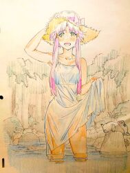 1girl alternate_costume aria_(manga) aria_pokoteng arm_up bare_shoulders bow breasts clothes_lift collarbone cwind dress dress_lift green_eyes hair_tubes hat hat_bow lifting_own_clothes looking_at_viewer mizunashi_akari open_mouth outdoors parted_bangs pink_bow pink_hair reflection reflective_water see-through_clothes see-through_dress short_hair_with_long_locks small_breasts straw_hat sundress thighs traditional_media wading wet wet_clothes wet_dress
