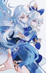 2girls crying doupichipizi furina_(genshin_impact) genshin_impact hat highres hug long_hair multiple_girls simple_background tears white_background