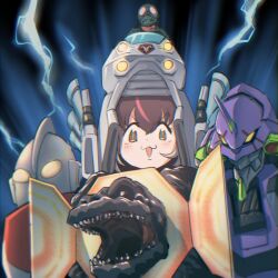 1girl brown_eyes brown_hair brown_long-eared_bat_(kemono_friends) eva_01 godzilla godzilla_(series) godzilla_(shin) grey_hair highres kamen_rider kamen_rider_1 kamen_rider_1_(shin) kamen_rider_1_(shin_kamen_rider) kemono_friends kemono_friends_v_project long_hair looking_at_viewer mcgunngu neon_genesis_evangelion parody robot robot_girl shin_godzilla shin_japan_heroes_universe shin_kamen_rider shin_ultraman simple_background ultra_series ultraman ultraman_(shin) virtual_youtuber