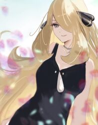 1girl bare_shoulders black_dress blonde_hair blurry blurry_foreground breasts cleavage cowboy_shot cynthia_(pokemon) dress hair_over_one_eye highres long_hair medium_breasts nintendo petals pokemon pokemon_dppt ringosan2329 simple_background solo very_long_hair white_background