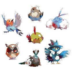 animal_focus bird black_eyes bluekomadori blush closed_mouth faux_traditional_media fletchling full_body gen_2_pokemon gen_3_pokemon gen_4_pokemon gen_5_pokemon gen_6_pokemon heart highres hoothoot murkrow natu nintendo nose_blush one_eye_closed pidove pokemon red_eyes starly swablu white_background