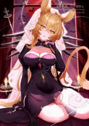 1girl absurdres animal_ears aoi_tooru arknights arm_support blonde_hair breasts candle cleavage commentary_request crossed_bangs dorothy_(arknights) dorothy_(hand_of_destiny)_(arknights) dress elbow_gloves gem gloves hair_between_eyes halo head_tilt headscarf highres jewelry long_hair looking_at_viewer medium_breasts necklace official_alternate_costume open_mouth partial_commentary pearl_(gemstone) pearl_necklace purple_dress purple_gloves purple_shrug shrug_(clothing) sitting solo strapless strapless_dress veil watermark yellow_eyes