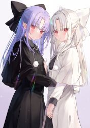 2girls black_bow black_capelet black_dress bow capelet commission dress expressionless hair_bow hakua_aa highres len_(tsukihime) long_hair long_sleeves looking_at_viewer multiple_girls pointy_ears pom_pom_(clothes) purple_hair red_eyes skeb_commission tsukihime white_bow white_capelet white_dress white_hair white_len_(tsukihime)