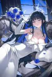 1girl absurdres artist_name azit_(down) black_hair blue_archive blue_eyes blue_flower blue_hair blue_halo breasts choker cleavage collarbone colored_inner_hair commentary couch covered_navel day dress earrings elbow_gloves flower gloves halo hand_in_own_hair hand_up hashtag-only_commentary highres indoors jewelry large_breasts long_hair looking_at_viewer lying multicolored_hair official_alternate_costume on_side parted_lips saori_(blue_archive) saori_(dress)_(blue_archive) simple_background solo strapless strapless_dress very_long_hair white_choker white_dress white_flower white_gloves window