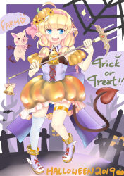 1girl absurdres ahoge blonde_hair dress fam_valhoef halloween highres iris_mysteria! long_hair pointy_ears smile solo