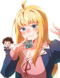 1boy 1girl absurdres ahoge blazer blonde_hair blue_eyes blue_jacket blush breasts brown_eyes brown_hair cardigan cleavage closed_mouth collared_shirt commentary_request dosanko_gal_wa_namaramenkoi fuyuki_minami gyaru highres holding jacket large_breasts long_hair long_sleeves neck_ribbon necktie nyaa_(nnekoron) open_mouth pink_cardigan red_necktie red_ribbon ribbon shiki_tsubasa shirt simple_background smile solo_focus upper_body v white_background white_shirt