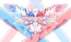 2girls absurdres big_firebird_toys bingshan blue_eyes blue_gemini_wing flat_chest heart highres holding_hands magic_henshin multiple_girls navel no_humans non-humanoid_robot official_art open_mouth pink_eyes pink_gemini_wing robot