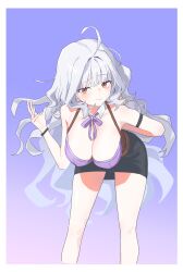 1girl absurdres ahoge arm_behind_back bent_over black_skirt border bra breasts closed_mouth commentary_request detached_sleeves grey_hair hand_up highres kiyoung_park korean_commentary large_breasts long_hair looking_at_viewer mabinogi purple_background purple_bra simple_background skirt smile solo underwear white_border yellow_eyes