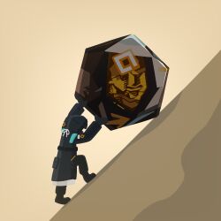 1other arknights black_coat black_gloves black_pants boulder coat commentary doctor_(arknights) english_commentary full_body gloves gribberoni highres hood hood_up hooded_coat long_sleeves meme pants parody pushing simple_background sisyphus_(mythology) solo standing yellow_background