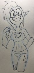 1girl belly breasts crop_top eyebrows female_focus freckles gloves highres long_skirt lord_dominator side_cut simple_background sketch skirt smile solo stomach teeth wander_over_yonder