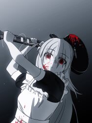 alternate_costume apron blood blood_on_face bocchi_the_rock! electric_guitar expressionless gotoh_hitori guitar highres holding holding_guitar holding_instrument instrument long_hair looking_at_viewer maid_apron monochrome simple_background yuyuu