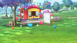 balloon basketball_court basketball_hoop bench blurry bouncy_house building cake cloud cloudy_sky dappled_sunlight day depth_of_field dirt_road drink fence food fruit_bowl gift grass grill heart_balloon highres iron_fence lamppost no_humans non-web_source official_art our_life:_beginnings_and_always park park_bench pennant photo_booth plate road scenery sky sunlight tablecloth tree