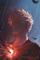 1boy absurdres adam&#039;s_apple bakugou_katsuki bel_(slbelen_) black_shirt blonde_hair boku_no_hero_academia closed_eyes closed_mouth commentary english_commentary facing_to_the_side highres lips male_focus rain shirt short_hair signature smile solo spiked_hair upper_body