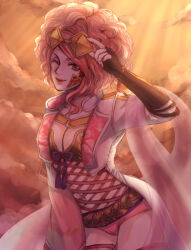 afro breasts brown_eyes cleavage coat curly_hair fingernails fishnet_leotard fishnets koshoushou large_breasts leotard lips lipstick long_fingernails makeup moe_(hamhamham) nail_polish one_eye_closed parted_lips pink_hair pink_nails sengoku_musou short_shorts shorts thighhighs thighs vambraces white_thighhighs wink