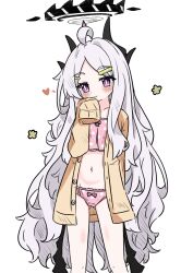 1girl ahoge alternate_costume black_halo black_horns black_wings blue_archive bow bow_camisole bow_panties bright_pupils camisole closed_mouth commentary_request demon_horns demon_wings e_v_e_neko feet_out_of_frame halo heart highres hina_(blue_archive) horns loli long_hair long_sleeves looking_at_viewer panties parted_bangs pink_camisole pink_panties polka_dot polka_dot_camisole polka_dot_panties purple_eyes shirt sleeves_past_wrists smile underwear very_long_hair white_hair white_pupils wings yellow_shirt