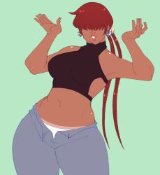 Rule 34 | 1girl, 1shermieaday, breasts, curvy, dark-skinned female, dark skin, earrings, female focus, heart, jewelry, large breasts, long hair, marellartt, panties, pants, ponytail, red hair, shermie (kof), shirt, tan, tank top, the king of fighters, thick lips, thick thighs, thighs, tight clothes, tight shirt, twintails, unbuttoned, underwear, undressing, wide hips