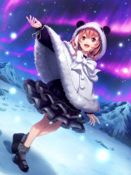 1girl :d absurdres animal_ears animal_hood aurora black_ribbon black_shoes black_skirt bobby_socks capelet commentary_request dutch_angle fake_animal_ears fang footprints full_body fur-trimmed_capelet fur-trimmed_hood fur_trim grey_socks hair_between_eyes hair_ribbon highres hood hood_up kamome_yuu layered_skirt long_sleeves mole mole_under_eye mountain multicolored_hair night night_sky nijisanji open_mouth outdoors outstretched_arm panda_ears panda_hood pleated_skirt puffy_long_sleeves puffy_sleeves purple_eyes red_hair ribbon sasaki_saku sasaki_saku_(4th_costume) shoes skirt sky sleeves_past_wrists smile snow socks solo star_(sky) starry_sky streaked_hair tree virtual_youtuber walking white_capelet white_hair