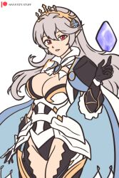 1girl absurdres armor armored_leotard black_leotard breasts cleavage corrin_(female)_(fire_emblem) corrin_(female)_(silent_bloodline)_(fire_emblem) crown dragonstone fire_emblem fire_emblem_fates fire_emblem_heroes floating floating_object hayato_stuff highres leotard medium_breasts nintendo official_alternate_costume pointy_ears queen shoulder_armor solo