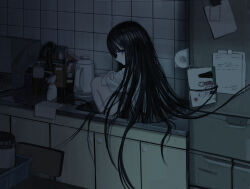 1girl absurdres black_hair blue_eyes bottle child&#039;s_drawing closed_mouth crossed_arms dark drawing_(object) electric_kettle expressionless from_side full_body highres indoors kettle kitchen knees_to_chest long_hair looking_at_viewer magnet original pale_skin paper profile refrigerator sakiika0513 shirt short_sleeves sideways_glance sink sitting solo stove straight_hair tile_wall tiles very_long_hair white_shirt