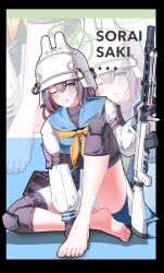 1girl animal_ear_headwear animal_ears barefoot black_gloves blue_archive blue_eyes blue_serafuku blue_skirt character_name commentary fake_animal_ears feet gloves gun halo helmet highres holding holding_gun holding_weapon jungui_117 lahti-saloranta_m/26 long_sleeves looking_at_viewer neckerchief one_eye_closed panties purple_hair saki_(blue_archive) school_uniform serafuku short_hair skirt solo toes underwear weapon white_panties yellow_neckerchief zoom_layer