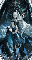 1girl black_bow black_dress black_thighhighs black_tiara blue_eyes bow detached_sleeves dress fate/grand_order fate_(series) full_body hair_between_eyes hair_bow high_heels highres holding holding_polearm holding_weapon kikihuihui long_hair long_sleeves looking_at_viewer morgan_le_fay_(fate) morgan_le_fay_(third_ascension)_(fate) polearm solo spear spikes standing thighhighs tiara two-tone_dress very_long_hair weapon white_hair