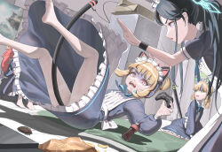 4girls absurdres animal_ear_headphones animal_ears apron aris_(blue_archive) aris_(maid)_(blue_archive) barefoot black_dress black_hair blonde_hair blue_archive blue_eyes bug cat_ear_headphones cat_tail chojja cockroach cola controller dress fake_animal_ears fake_tail falling game_controller game_development_department_(blue_archive) green_eyes headphones highres holding holding_controller holding_game_controller insect long_hair long_sleeves maid maid_apron maid_headdress midori_(blue_archive) midori_(maid)_(blue_archive) momoi_(blue_archive) momoi_(maid)_(blue_archive) multiple_girls official_alternate_costume official_alternate_hairstyle pink_eyes ponytail red_hair short_ponytail short_sleeves tail very_long_hair white_apron yuzu_(blue_archive) yuzu_(maid)_(blue_archive)