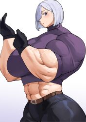 Rule 34 | 1girl, abs, absurdres, black gloves, breasts, fiona frost, gloves, highres, midriff peek, musctonk, muscular, muscular female, oversized forearms, oversized limbs, short hair, skindentation, spy x family, sweater, thick thighs, thighs, veins, veiny arms, white hair