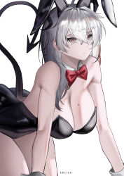 Rule 34 | 1girl, absurdres, ahoge, all fours, alternate costume, animal ears, artist name, bare shoulders, black horns, black leotard, black tail, bow, bowtie, breasts, cleavage, closed mouth, collar, commentary, curled horns, demon tail, derivative work, english commentary, erlisa takanashi, fake animal ears, grey hair, hair between eyes, highres, horns, large breasts, leotard, long hair, looking at viewer, mole, mole on breast, mole under eye, multicolored hair, rabbit ears, red bow, red bowtie, red eyes, simple background, solo, streaked hair, tail, thighs, white background, white collar, wuthering waves, zani (wuthering waves)