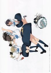 4girls absurdres ahoge airi_(robotics;notes) arms_up barefoot black_bow blonde_hair blue_bow blue_skirt blue_socks bow brown_eyes brown_hair brown_shoes checkered_pouch chest_bow chuo_tanegashima_high_school_uniform collarbone covering_crotch covering_privates crop_top daitoku_junna dark-skinned_female dark_skin dress dynamic_pose everyone exif_rotation falling floating food fukuda_tomonori hair_between_eyes hair_bow highres holding holding_food holding_pocky jumping kneehighs koujiro_frau leather_belt loafers long_hair looking_at_viewer midriff multiple_girls multiple_hair_bows navel non-web_source official_art open_mouth outstretched_arms pleated_skirt pocky ponytail ribbon robotics;notes sailor_collar school_uniform senomiya_akiho serafuku shirt shoelaces shoes short_hair short_sleeves simple_background skirt sleeveless smile sneakers socks soles tablet_pc tan teeth toes tongue twintails upper_teeth_only white_background white_shirt